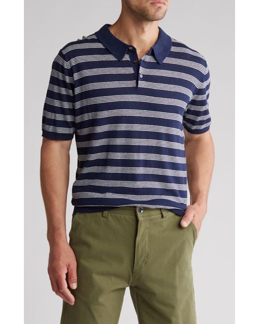 Slate & Stone Blue Stripe Cotton & Linen Polo Sweater for men