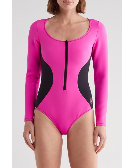 GOOD AMERICAN Pink You Got It Long Sleeve One-piece Rashguard Swimsuit