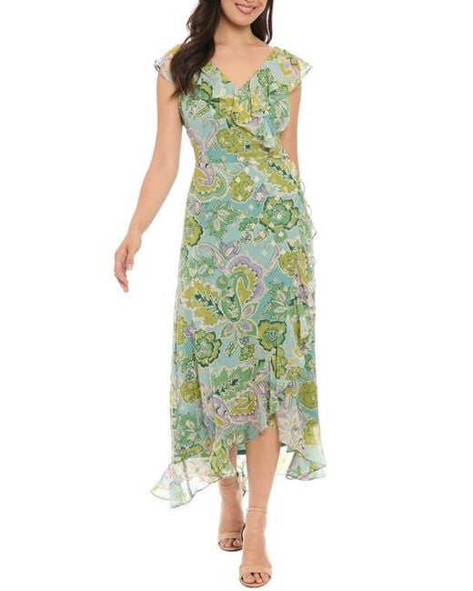 London Times Ruffle Cap Sleeve Chiffon Faux Wrap Dress in Green | Lyst