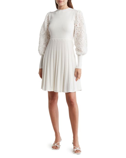 Nanette Lepore White Juliana Lace Sleeve Fit & Flare Sweater Dress