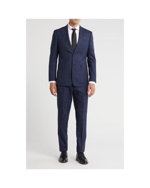 English Laundry Blue Plaid Trim Fit Notch Lapel Wool Blend Two-Piece Suit for men