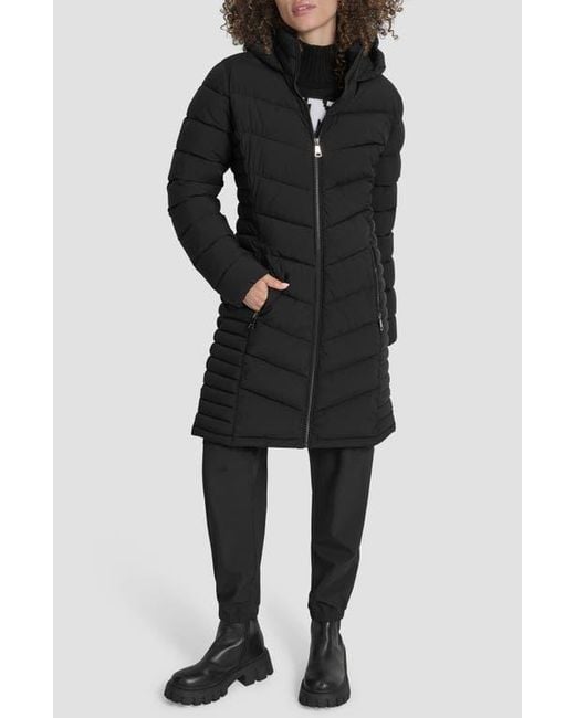 DKNY Black Cire Packable Hooded Longline Puffer Jacket