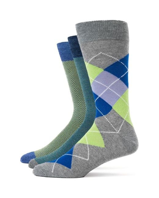Lorenzo Uomo Blue Mixed Pattern 3-Pack Assorted Crew Socks for men