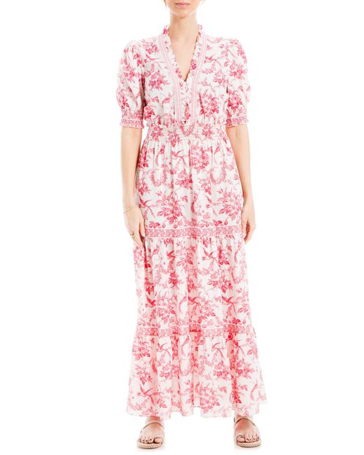 Max Studio Pink V-neck Short Puff Sleeve Floral Print Tiered Dress