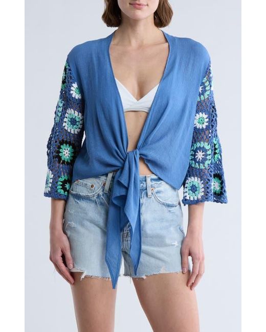 Elan Blue Crochet Trim Crop Cover-Up Top