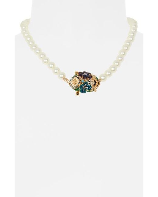 Kenneth Jay Lane White Enamel Flower Pendant Faux Pearl Necklace