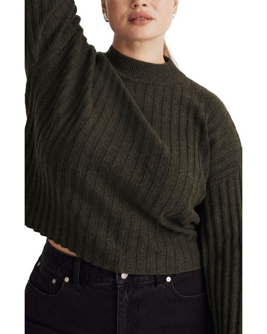 Madewell Black Levi Rib Mock Neck Wool Blend Crop Pullover Sweater