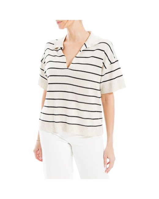Max Studio White Stripe Knit Polo Sweater
