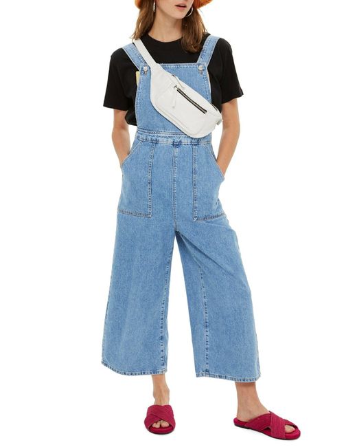 TOPSHOP Denim Wide Leg Crop Overalls in Mid Stone (Blue) | Lyst