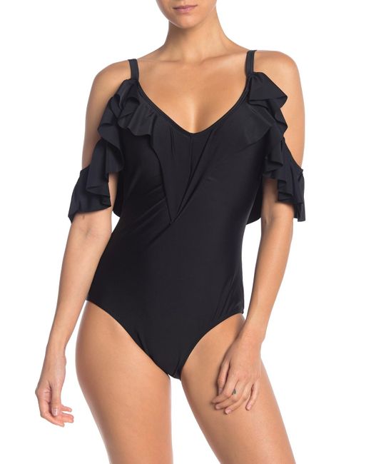 Nicole Miller Black Ruffled Cold Shoulder One-piece Swimsuit