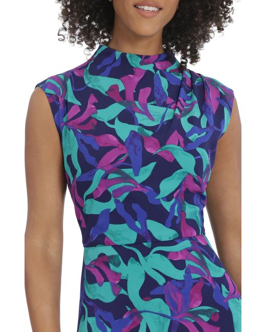 Maggy London Blue Printed Funnel Neck Fit & Flare Dress