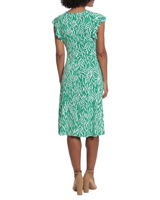 London Times Green V-neck Ruffle Midi Dress