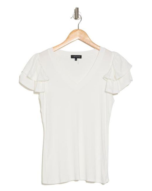 1.STATE Blue Flutter Sleeve Rib Top