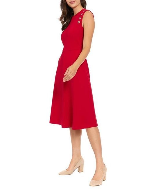 London Times Red Ottoman Grommet Sleeveless Midi Dress