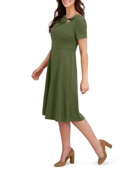 London Times Green Hardware Neck Fit & Flare Midi Dress