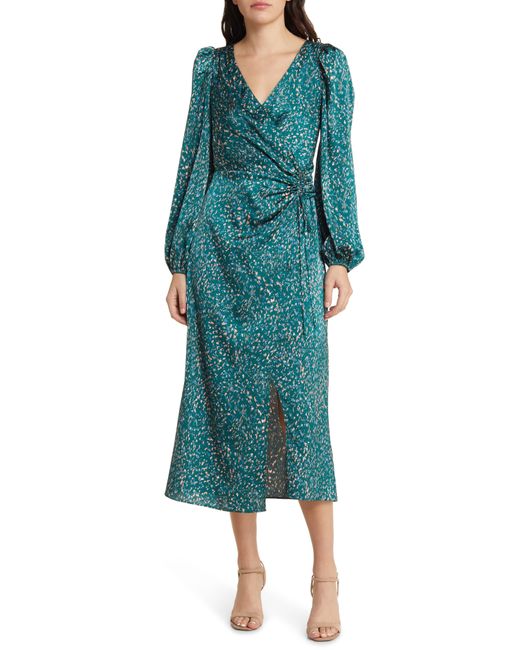 FLORET STUDIOS Green Long Sleeve Satin Faux Wrap Midi Dress