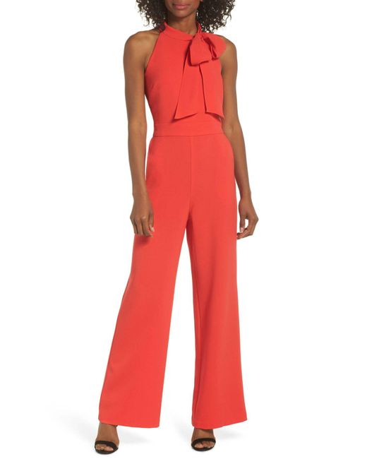 Vince Camuto Red Kors Bow Neck Stretch Crepe Jumpsuit
