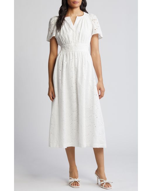 Anne Klein White Short Sleeve Cotton Eyelet Midi Dress