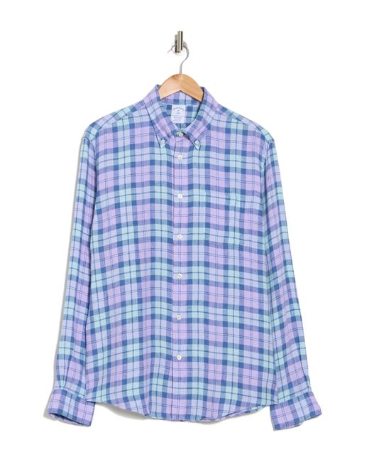 Brooks Brothers Blue Sport Fit Novelty Plaid Linen Button-down Shirt for men