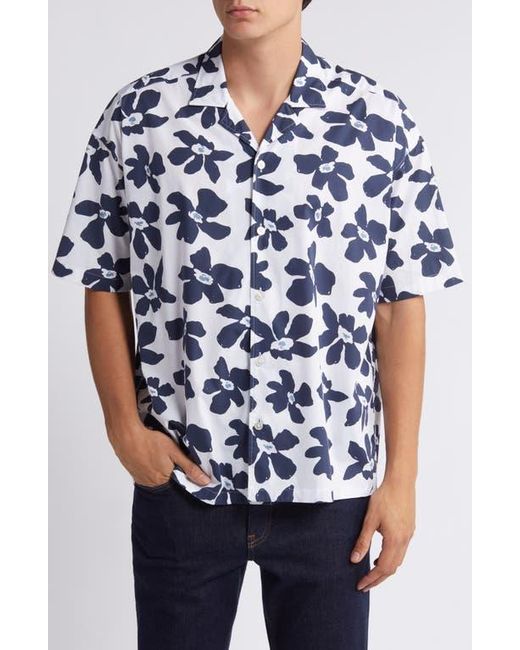 Boss Blue Drew Palm Print Stretch Camp Shirt for men