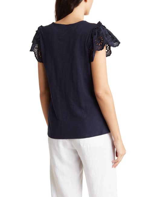 Adrianna Papell Blue Eyelet Flutter Sleeve Crepe Top