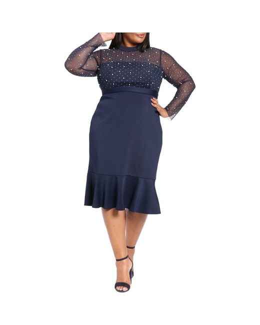 London Times Blue Long Sleeve Faux Pearl Illusion Midi Dress