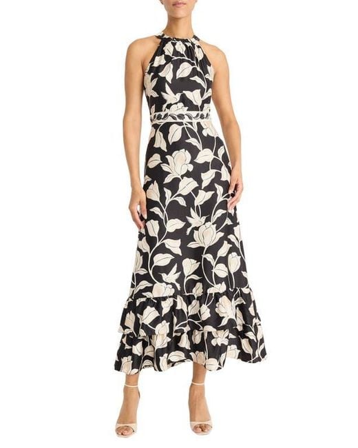 Maggy London White High Neck Ruffle Maxi Dress