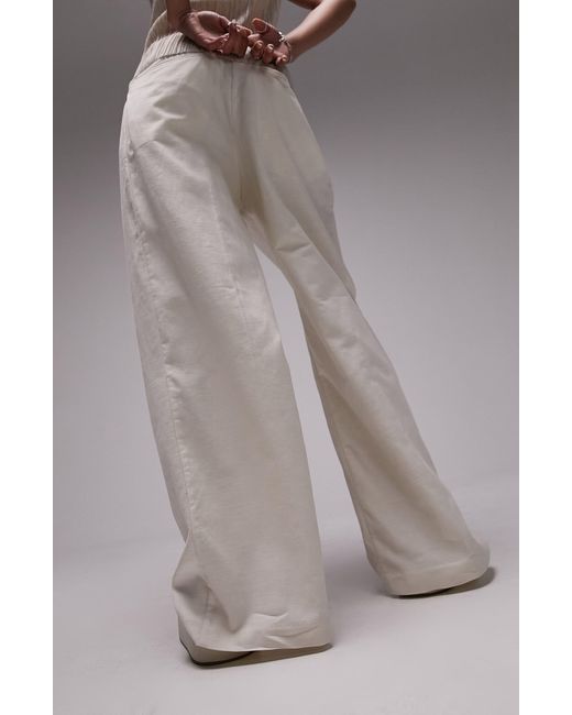 TOPSHOP Gray Cotton & Linen Wide Leg Trousers