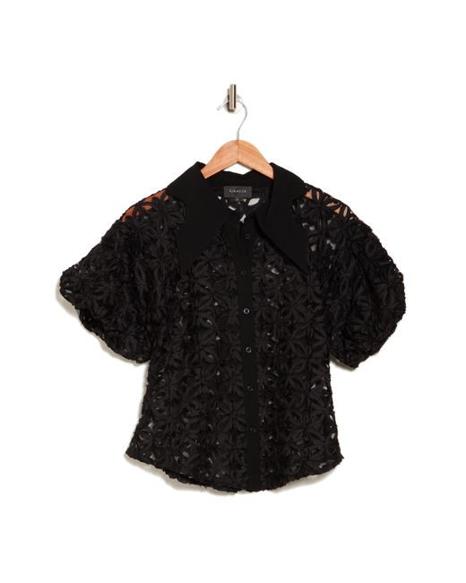 Gracia Black Floral Embroidered Button-up Shirt