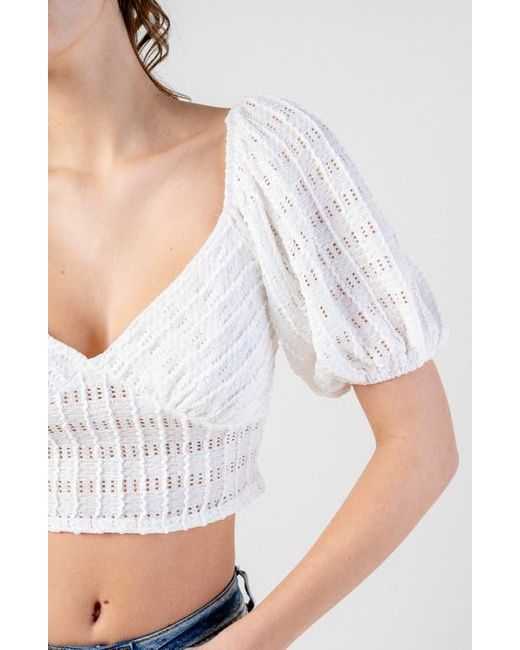 Beivy White Open Knit Puff Sleeve Crop Top
