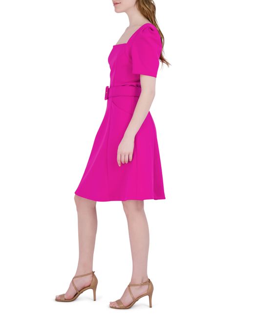 Donna Ricco Pink Square Neck Belted Fit & Flare Dress