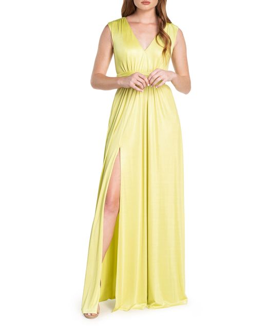 Dress the Population Yellow Krista Belted Plunging Fit & Flare Dress