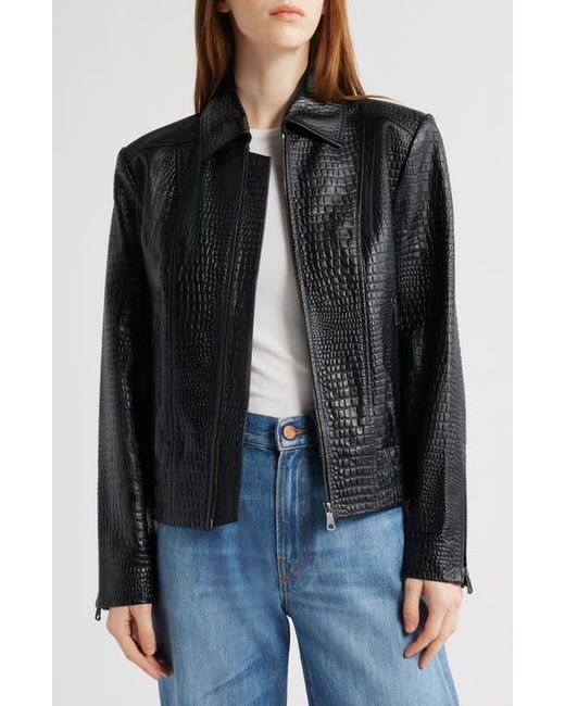 Bernardo Black Short Croc-Embossed Leather Jacket