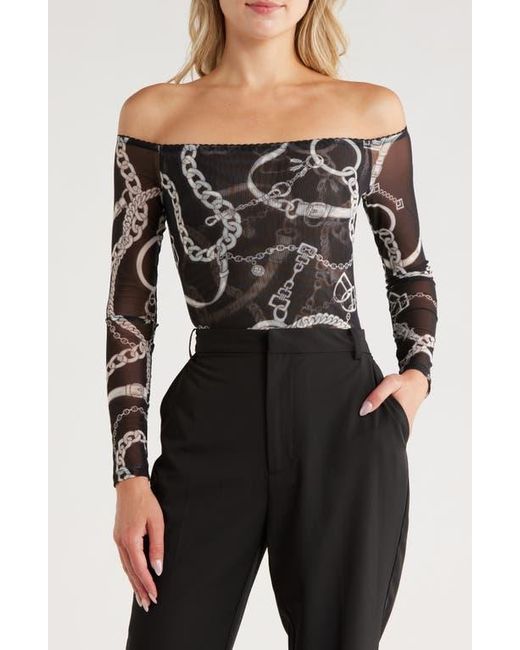L'Agence Black Peonie Chain Off The Shoulder Mesh Bodysuit