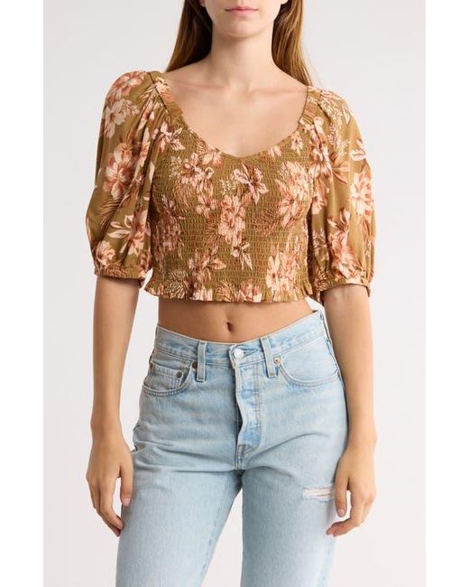 Rip Curl Brown Desert Dreams Smocked Puff Sleeve Top