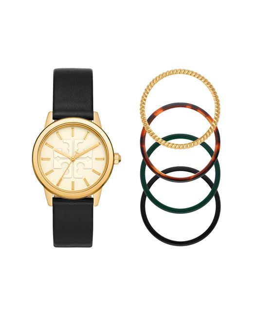 Tory Burch Multicolor Gigi Watch Gift Set, Black Leather/multi-color/gold Tone, 36 Mm