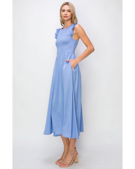 MELLODAY Blue Sleeveless Smocked Bodice Midi Dress