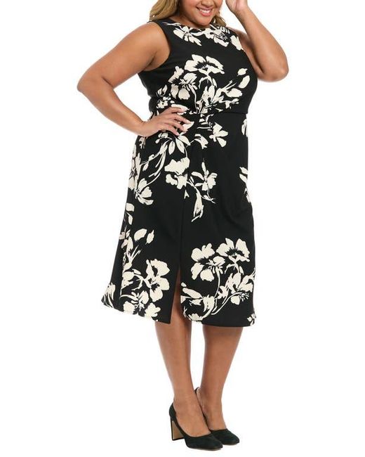 London Times Black Floral Sleeveless Twist Front Scuba Midi Dress