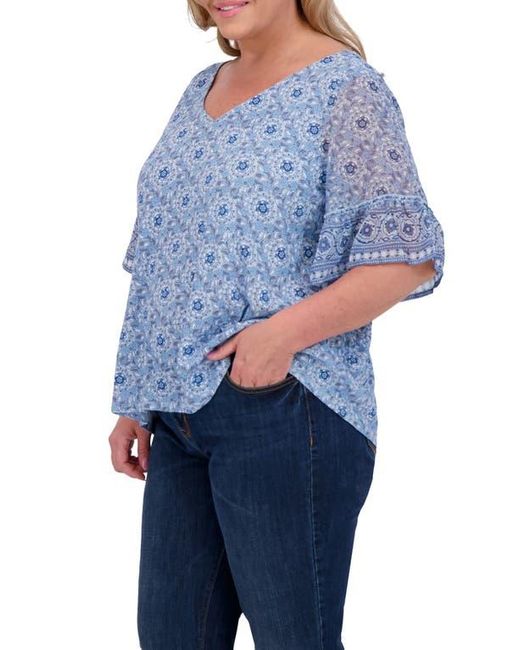 Lucky Brand Blue Mixed Media Flutter Sleeve Top