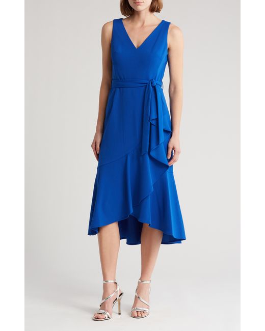 Calvin Klein Blue Sleeveless Ruffle Trim Midi Dress