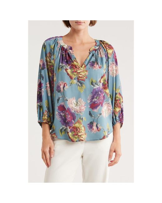 Tahari Blue Floral Balloon Sleeve Top