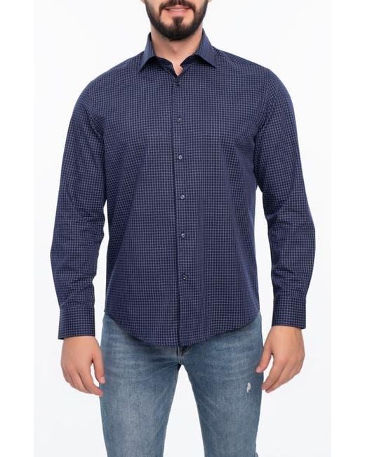 VELLAPAIS Blue Grid Cotton Slim Fit Button Down Shirt for men