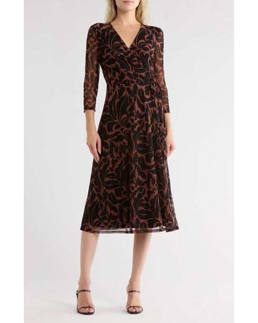 Connected Apparel Brown Long Sleeve Faux Wrap Mesh Midi Dress