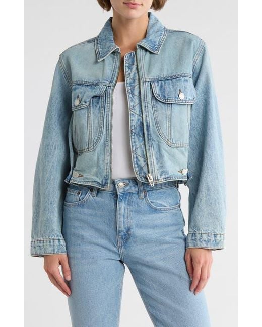 Blank NYC Blue Crop Denim Jacket With Adjustable Waist