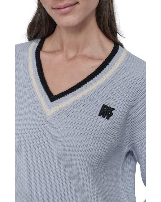 DKNY Gray V-Neck Shaker Stitch Cotton Sweater