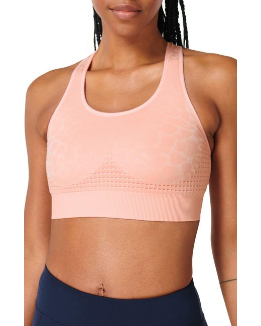 Sweaty Betty Stamina Workout Bra In Pink Easy Leopard Jacquard At