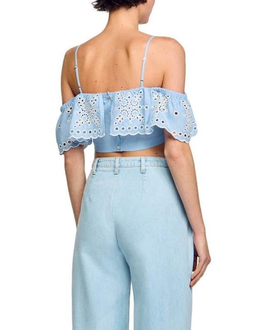 Sandro Blue Alon Ruffle Eyelet Cold Shoulder Crop Top