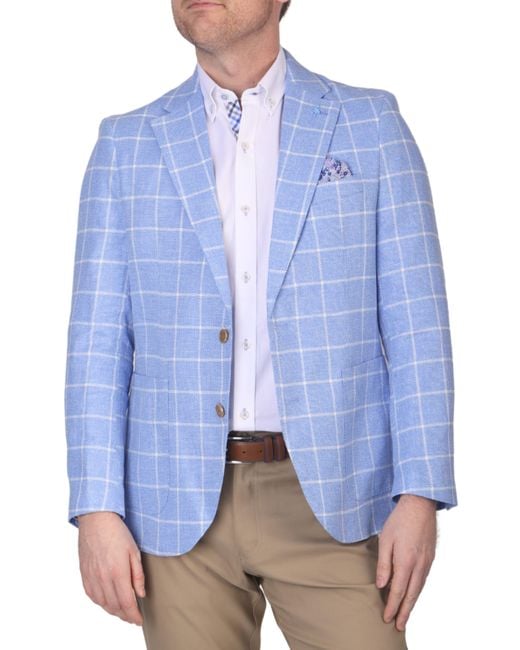 Tailorbyrd Blue Windowpane Notch Lapel Linen Blend Sport Coat for men