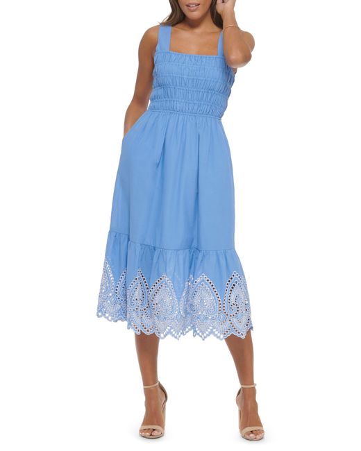 Kensie Blue Smocked Cotton Voile Midi Dress