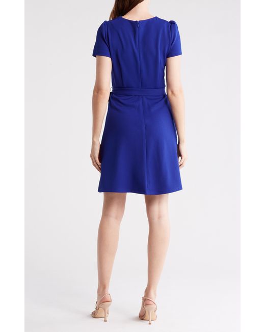 DKNY Blue Short Sleeve Belted Fit & Flare Dress